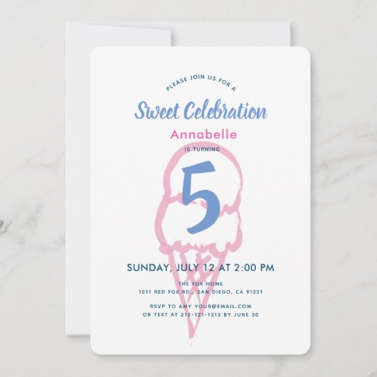 Handgemalt rosa Eiscreme Mädchen Geburtstag Einladung (Vorderseite)