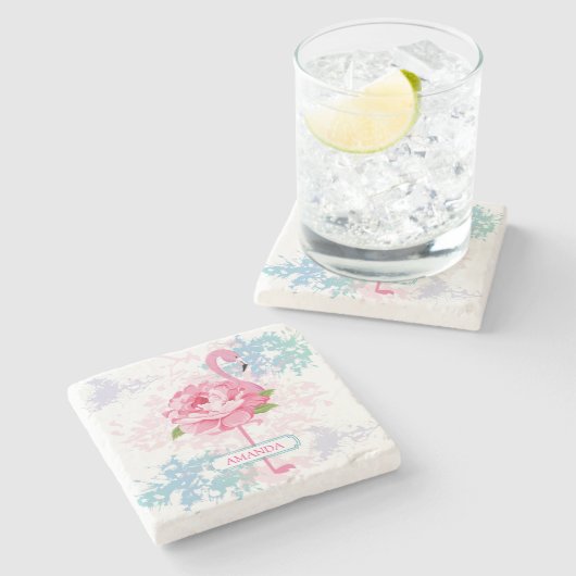 Handgemalt rosa Flamingo Steinuntersetzer (Seitenansicht)