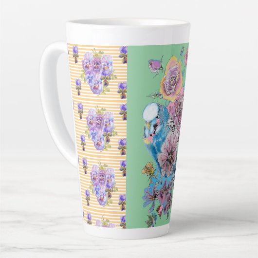 Handgemalt rosa Gelbe Budgie Blüte Latte Tasse (Linke Ecke)