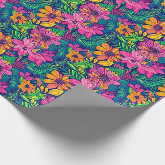 Handgemalt tropisches Blumenmuster in fett rosa Geschenkpapier (Ecke)
