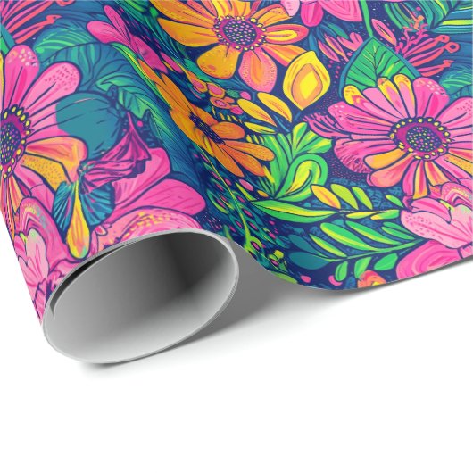 Handgemalt tropisches Blumenmuster in fett rosa Geschenkpapier (Rolleneckpunkt)