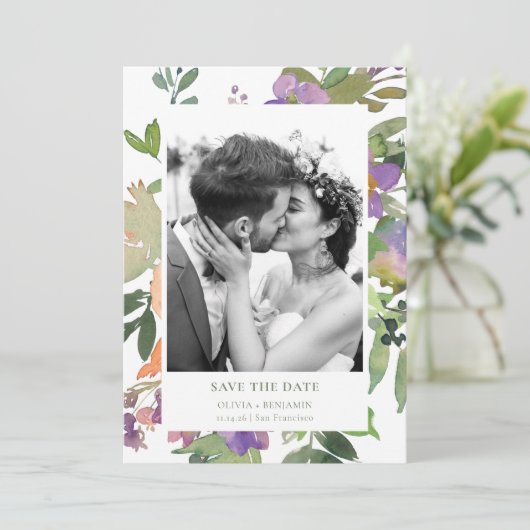 Handgemalt Wasserfarben Blumengarten Foto Save The Date (Stehend Vorderseite)