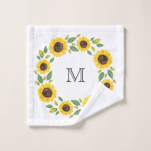 Handgemalt Wasserfarben Sonnenblumenkranz Badhandtuch Set (Waschlappen)