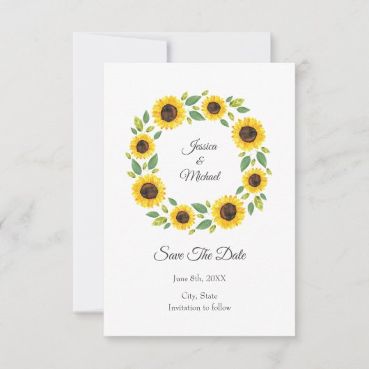 Handgemalt Wasserfarben Sonnenblumenkranz Save The Date (Vorderseite)