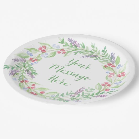 Handgemalt Wasserfarbenblumenreath Pappteller (Schrägansicht)