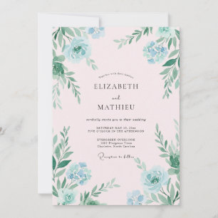 Handgemalte aqua-mint-blättrige Hochzeit Einladung