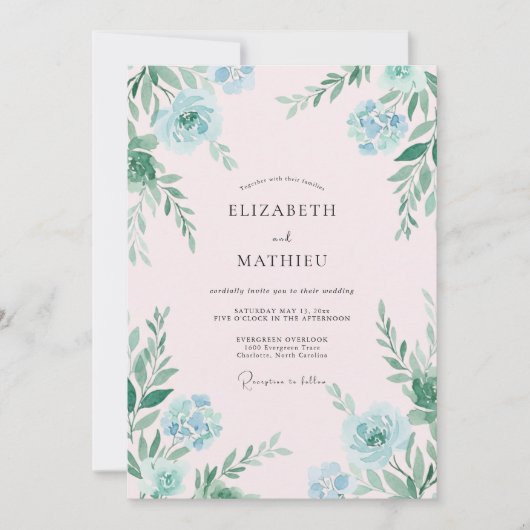 Handgemalte aqua-mint-blättrige Hochzeit Einladung (Vorderseite)