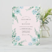 Handgemalte aqua-mint-blättrige Hochzeit Einladung (Stehend Vorderseite)