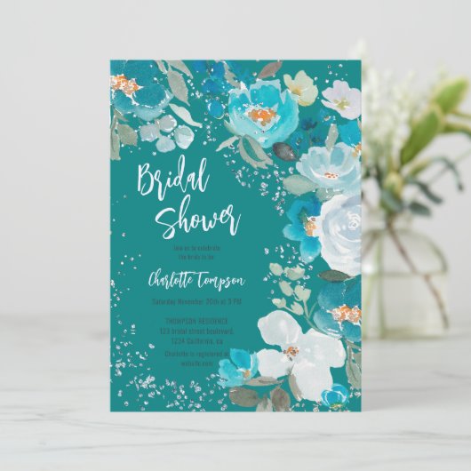 Handgemalte Aquamarine Blütenblütenblütenwinters B Einladung (Stehend Vorderseite)