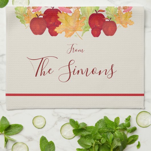 Handgemalte Aquarell-Blätter Äpfel Rosh Hashanah Geschirrtuch (Gefaltet)