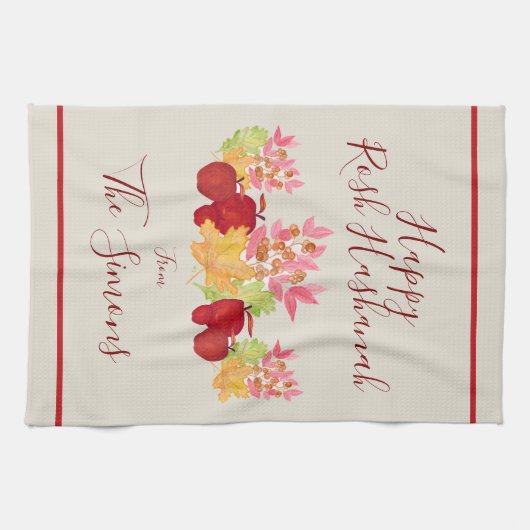 Handgemalte Aquarell-Blätter Äpfel Rosh Hashanah Geschirrtuch (Horizontal)