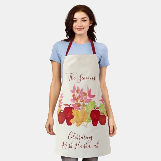 Handgemalte Aquarell-Blätter Äpfel Rosh Hashanah Schürze (Getragen)