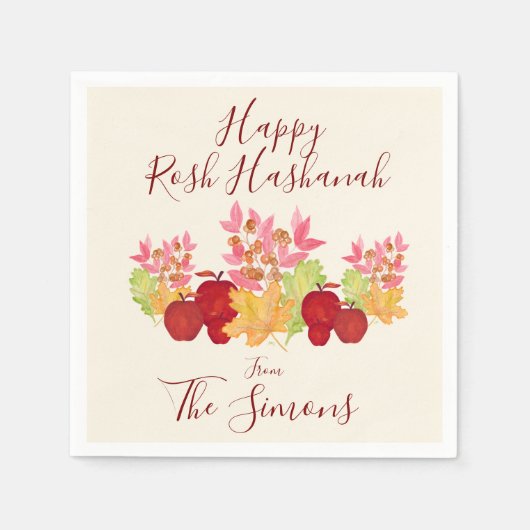 Handgemalte Aquarell-Blätter Äpfel Rosh Hashanah Serviette (Vorderseite)