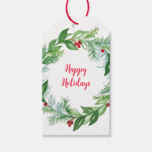 Handgemalte Aquarellfarben Happy Holidays Grüntöne Geschenkanhänger