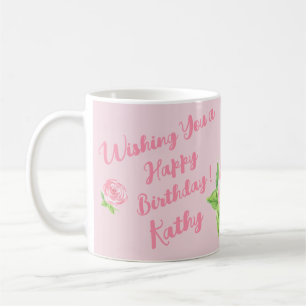 Handgemalte Aquarellfarben-Rose GLÜCKLICH BIRTHTAG Kaffeetasse