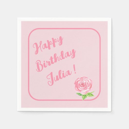 Handgemalte Aquarellfarben-Rose GLÜCKLICH BIRTHTAG Serviette (Vorderseite)