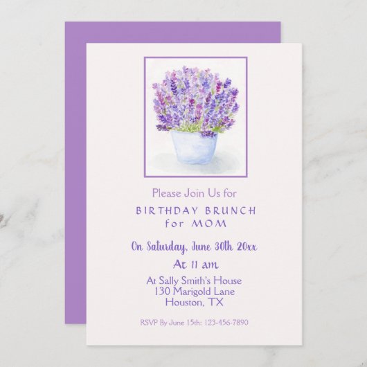 Handgemalte Aquarelllavender Floral Geburtstag Einladung (Vorne/Hinten)