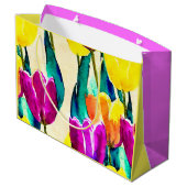 Handgemalte Aquarelltulips Gelb Rosa Große Geschenktüte (Rückseite Schrägansicht)