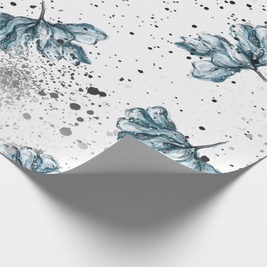 Handgemalte blaue Blumenmuster Geschenkpapier (Ecke)