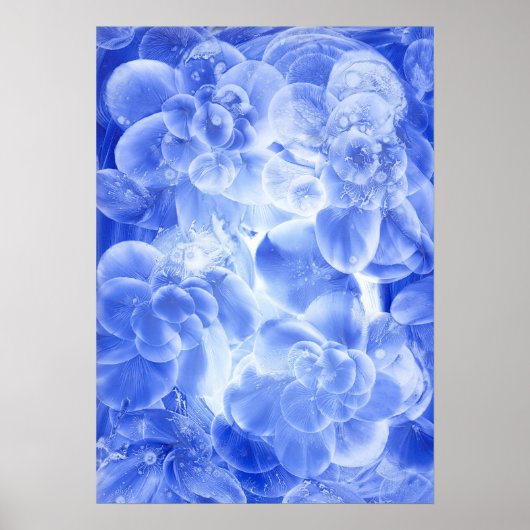 Handgemalte Blaue Weiße Florale Abstrakte Kunst Poster (Vorne)