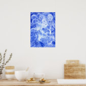 Handgemalte Blaue Weiße Florale Abstrakte Kunst Poster (Küche)