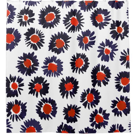 Handgemalte Blume, rot und blau. Duschvorhang (Vorderseite)