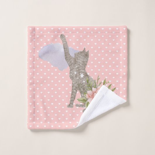 Handgemalte, blumengeschmückte Katze Badhandtuch Set (Waschlappen)