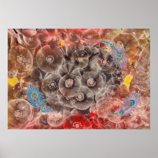 Handgemalte Blumenkunst mit Pfauenfedern Poster