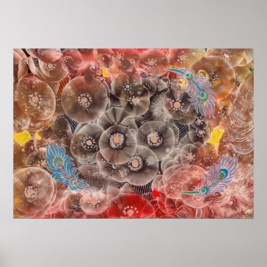 Handgemalte Blumenkunst mit Pfauenfedern Poster (Vorne)