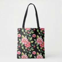 Handgemalte Camellie Schwarze Leinwandtasche