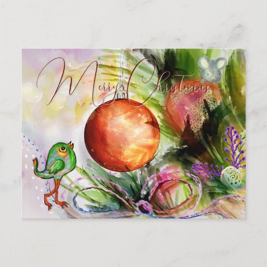 Handgemalte festliche Vögel & Maus Postkarte (Vorderseite)
