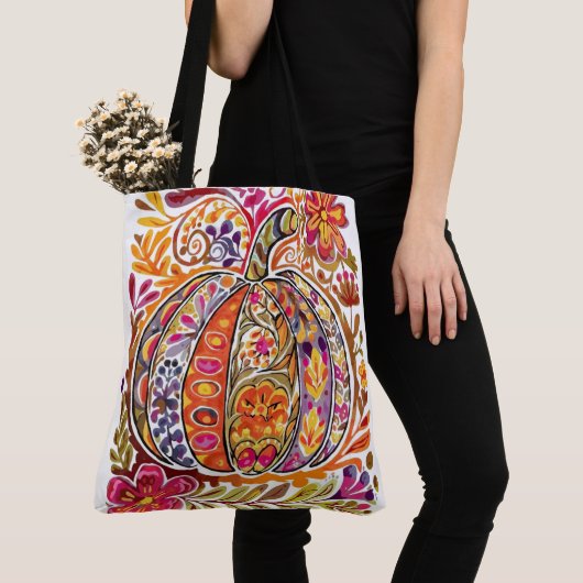 Handgemalte Folk Art Pumpkin Tote Beutel Rustikale Tasche (Von Nahem)
