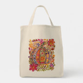Handgemalte Folk Art Pumpkin Tote Beutel Rustikale Tragetasche (Rückseite)