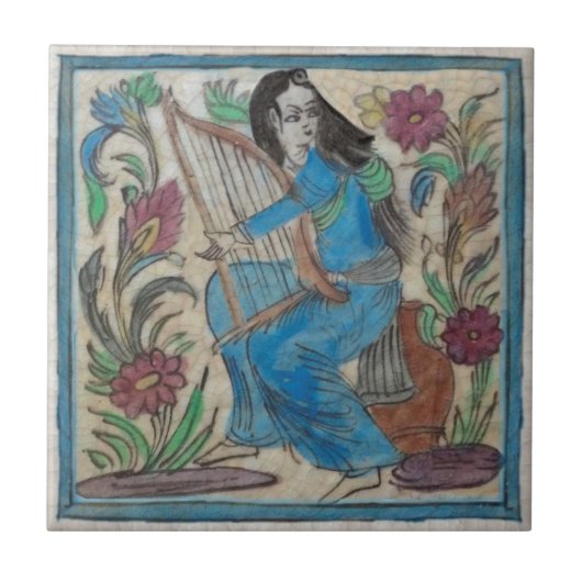 Handgemalte Frau mit Harp Persian Antique Repro Fliese (Vorderseite)