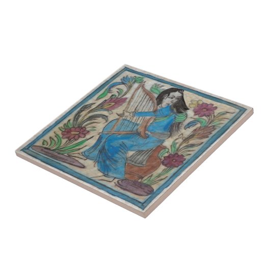 Handgemalte Frau mit Harp Persian Antique Repro Fliese (Seite)