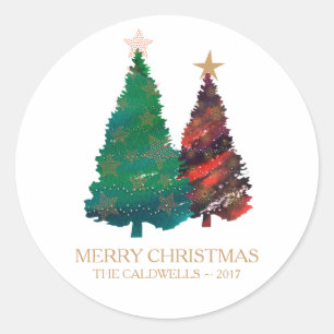 Handgemalte funkelnd Watercolor-Weihnachtsbäume Runder Aufkleber