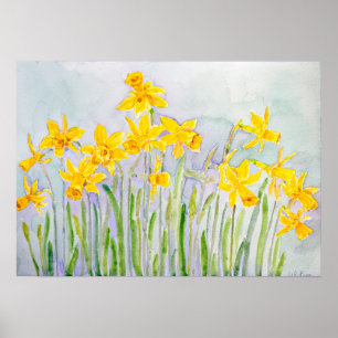 handgemalte gelbe Narzissen Feld Aquarell Poster