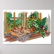 Handgemalte gemütliche Fensterkatze Aquarell-Kunst