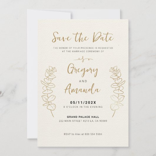 Handgemalte Gold-Blätter in Rett-the-Date Einladung (Vorderseite)