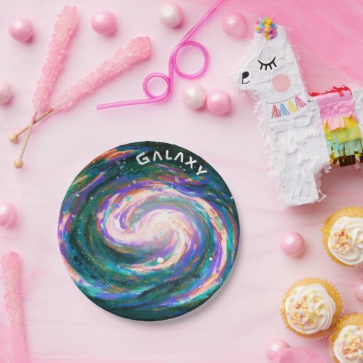 Handgemalte grüne Galaxie & Text Pappteller (Party)