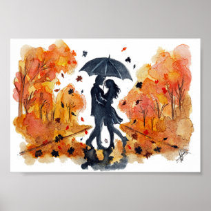 Handgemalte Herbst-Paar-Silhouette Aquarell Poster
