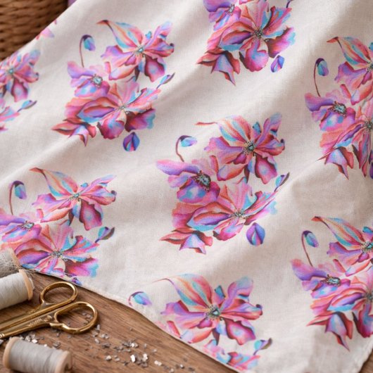 Handgemalte Himalayan-Poppies Blue Pink-Farben Stoff