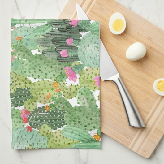 Handgemalte Kakteen: Wüstengrün Geschirrtuch (Viertel Falte)