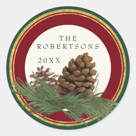 Handgemalte Kiefernkone mit dem Namen Gold Glitzer Runder Aufkleber (Vorderseite)