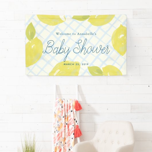Handgemalte Lemons & Blue Karos Kinderdusche Banner (Insitu)