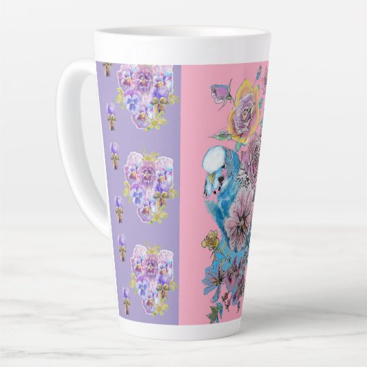 Handgemalte Lila blaue Budgie Blüte Latte Tasse (Linke Ecke)