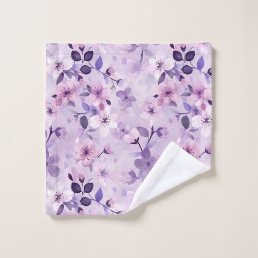 Handgemalte lila Kirschblüten Badhandtuch Set (Waschlappen)