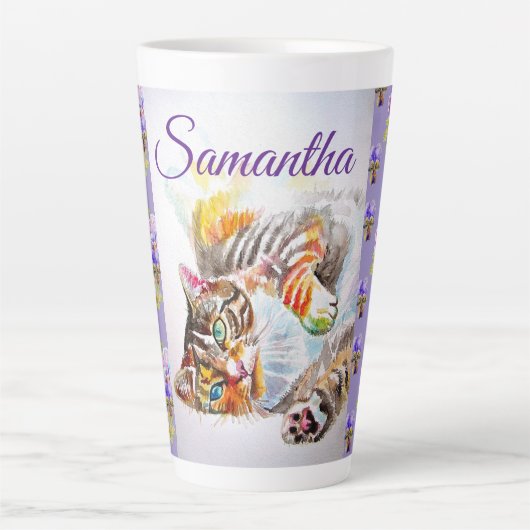 Handgemalte Lila Tabby Katzen Katzen Latte Tasse G (Vorderseite)