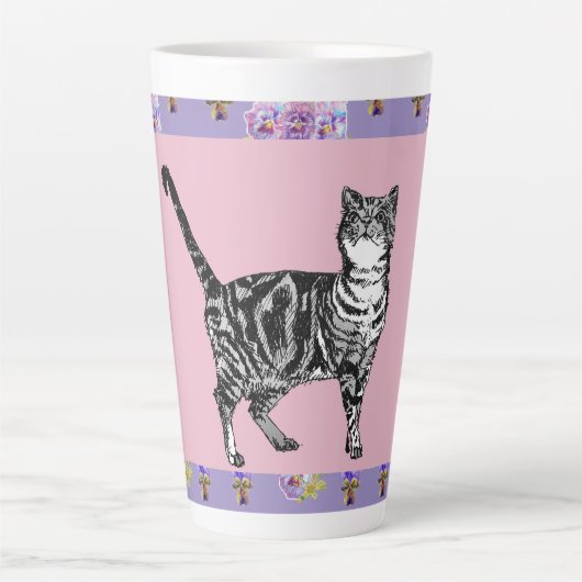 Handgemalte Lila Tabby Katzenblüte Latte Tasse (Vorderseite)
