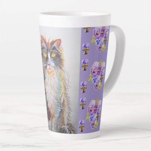 Handgemalte Lila Tuxedo Katzenblume Latte Tasse (Rechte Ecke)